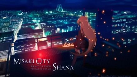HD anime desktop wallpaper featuring Shana from Shakugan No Shana overlooking a glowing cityscape at night with floating flames illuminating the scene.