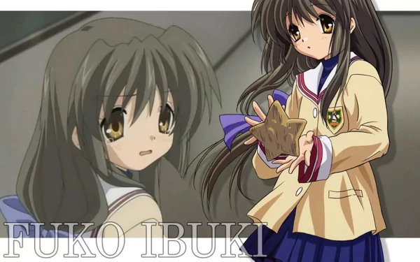 HD anime desktop wallpaper featuring Fuuko Ibuki from Clannad, showcasing her in a school uniform with a gentle expression against a muted background.