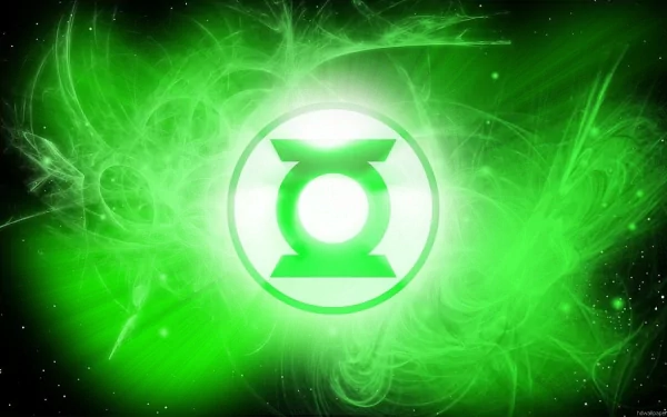 A vibrant green illustration features the Green Lantern logo, surrounded by dynamic swirls and cosmic effects, serving as a striking HD desktop wallpaper and background.