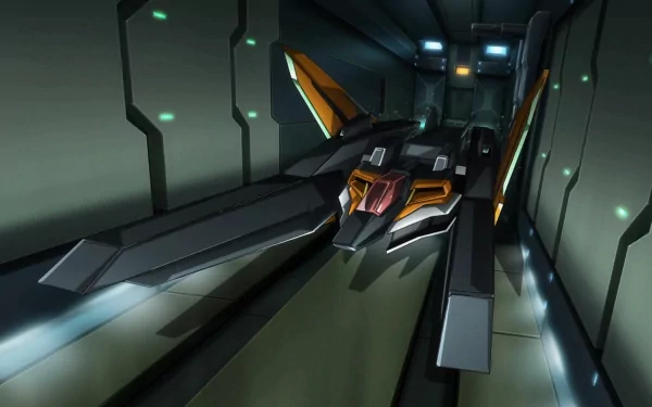 Gundam 00 anime HD PC desktop wallpaper/background: a sleek Gundam craft with orange cockpit and long wings speeding through a dim futuristic corridor.