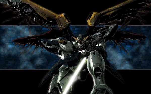HD PC desktop wallpaper featuring a dynamic Gundam anime scene with a mecha wielding a glowing sword against a dark, dramatic background.