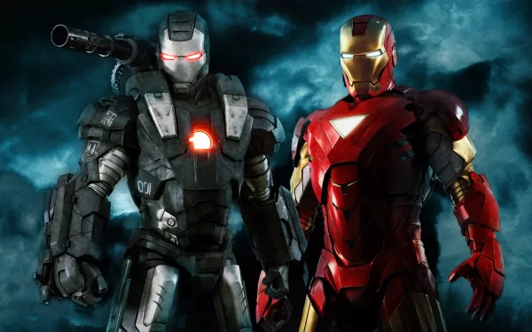 A dynamic HD wallpaper featuring Iron Man and War Machine from the movie Iron Man 2, set against a dramatic, smoky background. An impressive display of superhero action.