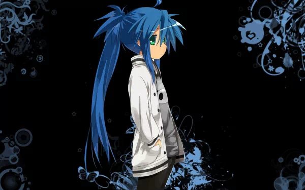 HD PC desktop wallpaper featuring Konata Izumi from the anime Lucky Star, set against a dark background with blue floral and abstract designs.