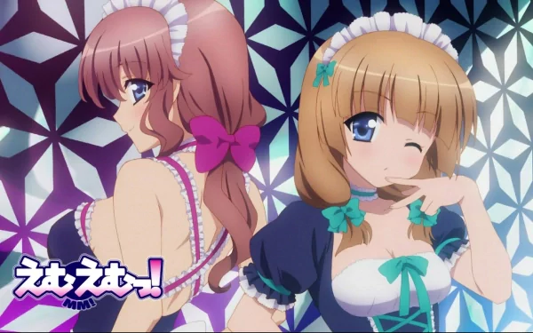 HD PC desktop wallpaper featuring two anime girls in maid outfits from the series MM!, set against a geometric, patterned background.
