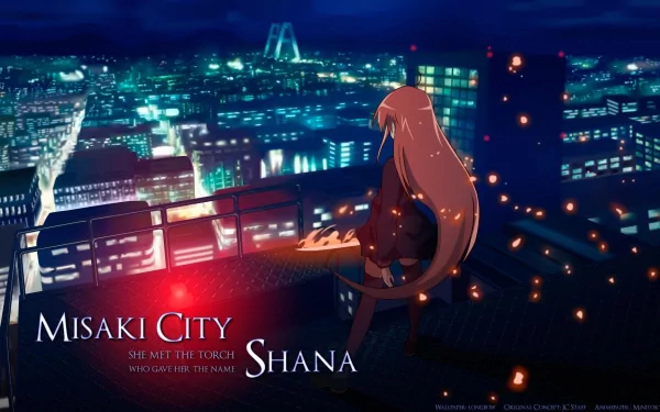 HD anime desktop wallpaper featuring Shana from Shakugan No Shana overlooking a glowing cityscape at night with floating flames illuminating the scene.