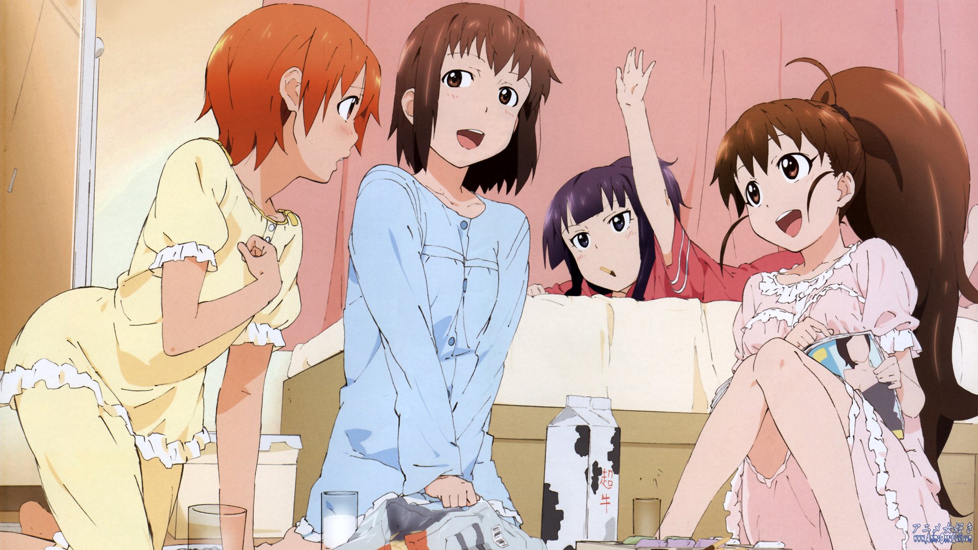 HD PC desktop wallpaper featuring four cheerful female characters from the anime Working!! enjoying a casual, cozy moment indoors.