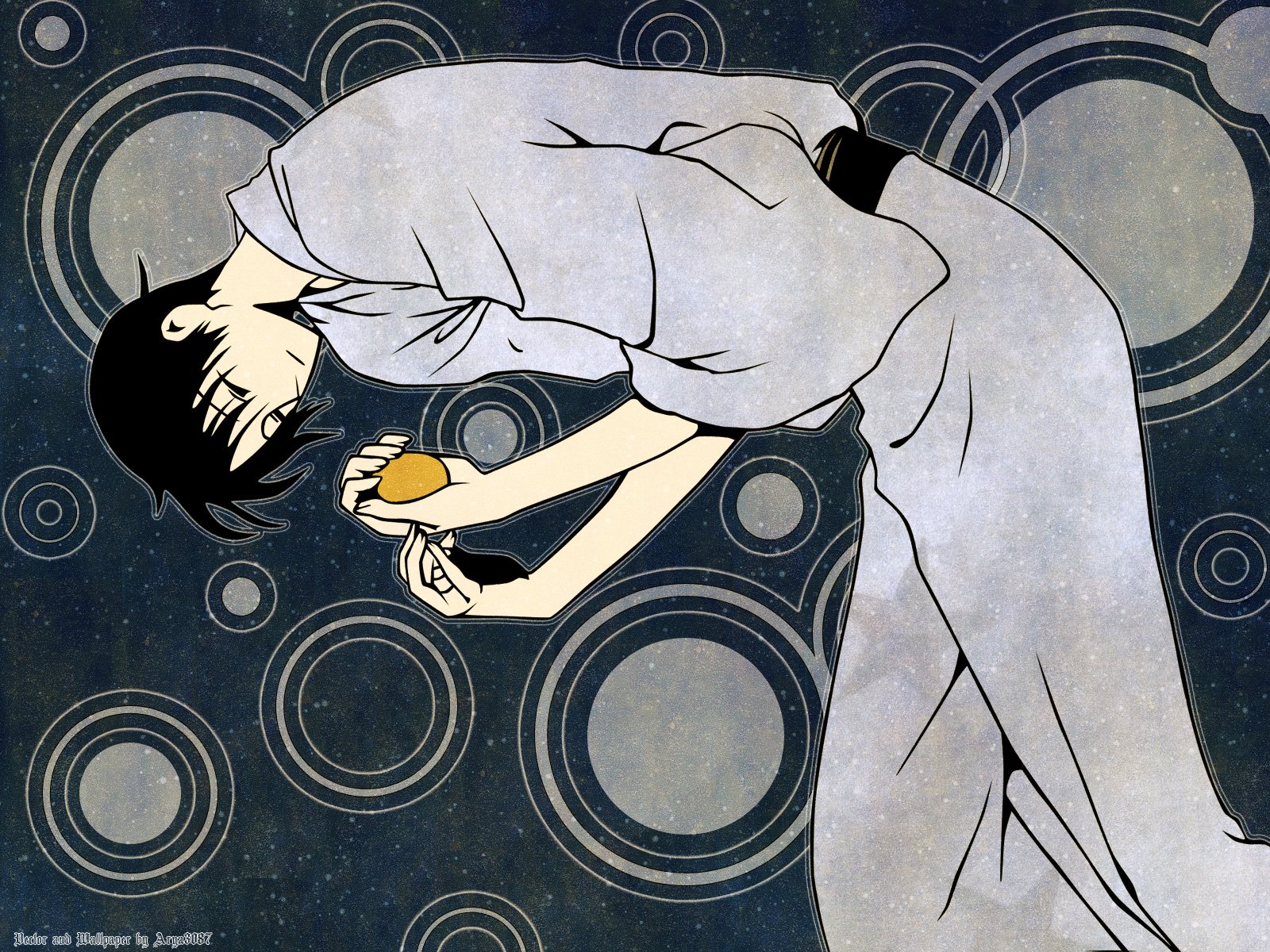 Anime xxxHOLiC HD PC desktop wallpaper: a pale-kimonoed figure reclines, cradling a small orange object against a textured, circular-patterned blue-gray background.
