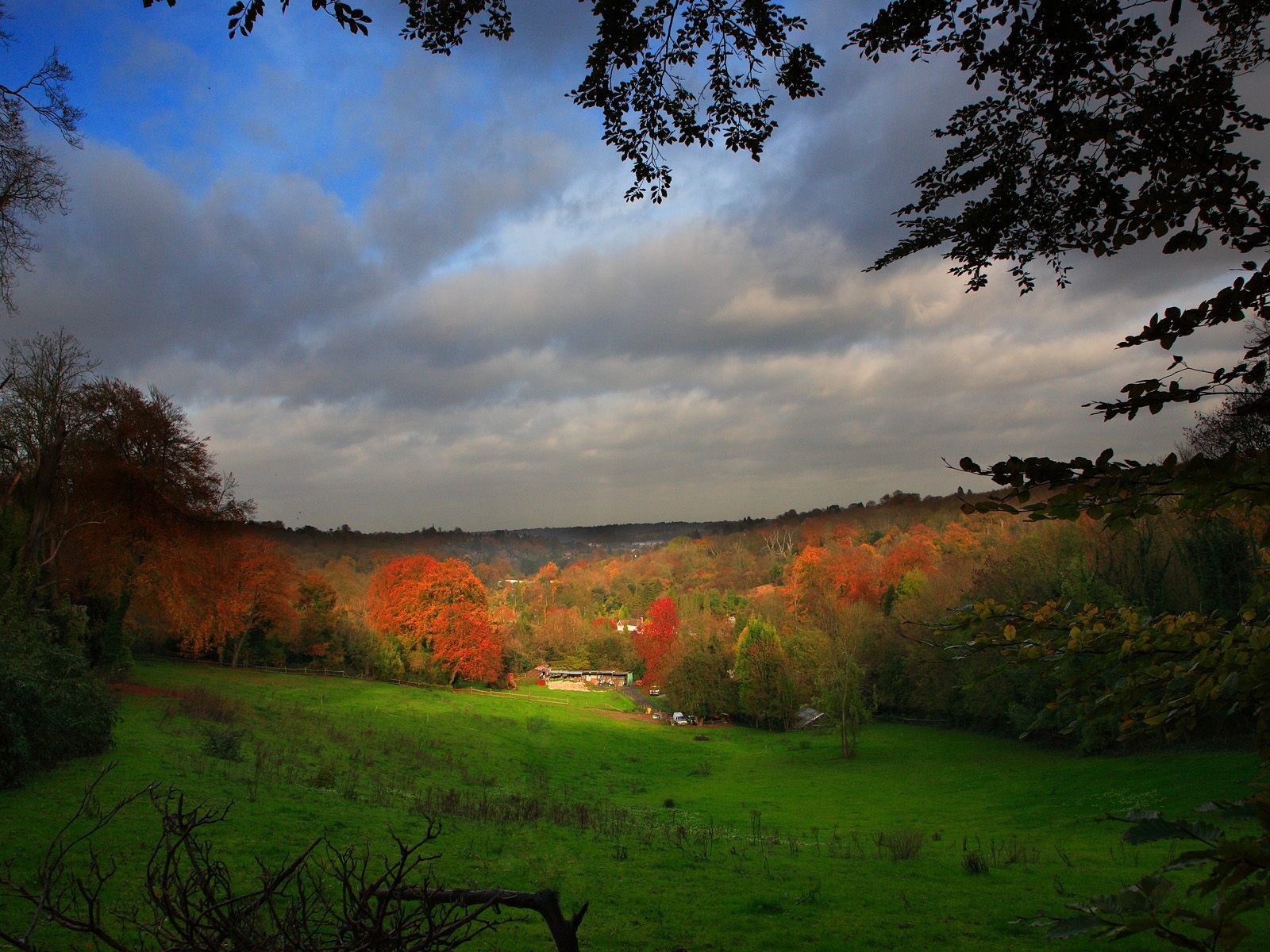 A serene landscape featuring vibrant autumn foliage, rolling green hills, and a cloudy sky, showcasing the beauty of nature. This HD image makes an inviting desktop wallpaper.