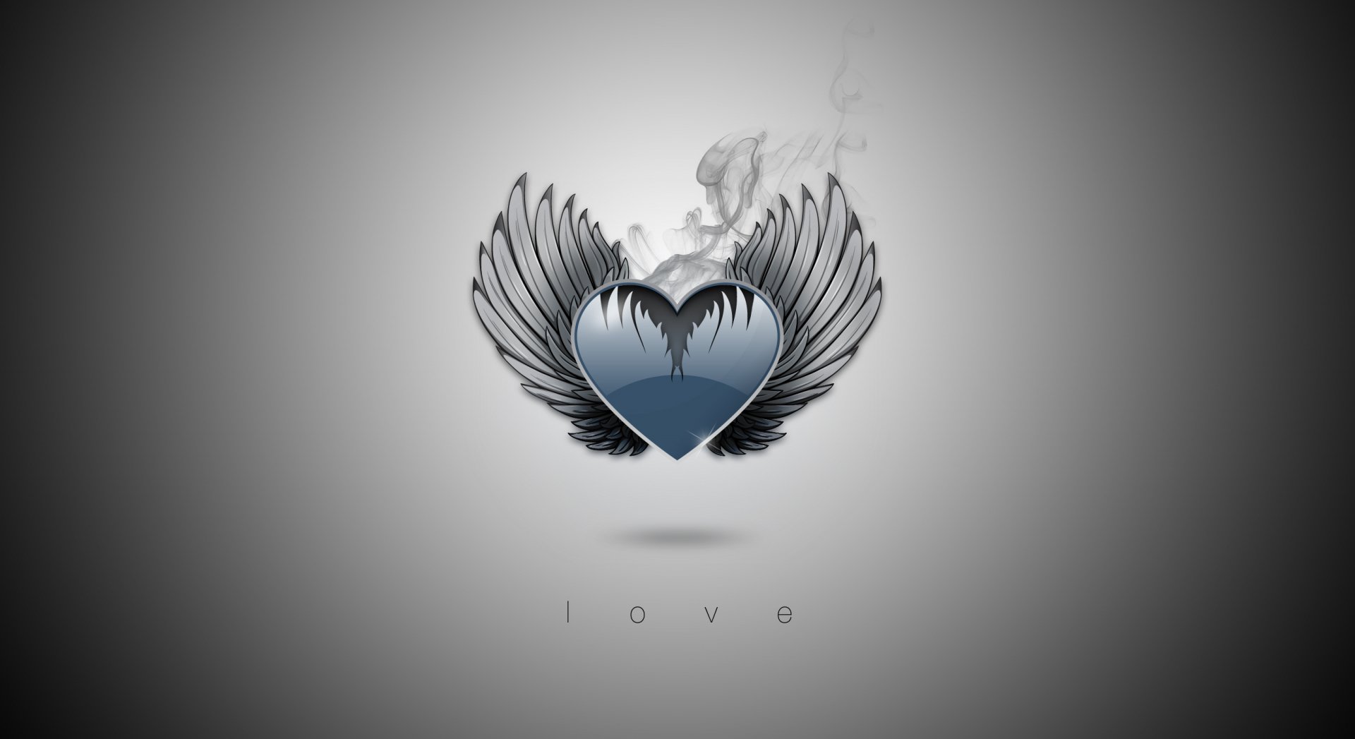 Artistic HD desktop wallpaper featuring a stylized heart with wings and subtle smoke, symbolizing love in a modern, monochromatic design.