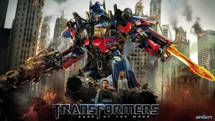 HD PC desktop wallpaper from the movie Transformers: Dark of the Moon featuring Optimus Prime standing boldly amid a ruined cityscape.