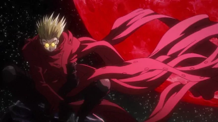A dramatic scene from the anime Trigun, featuring a character in a flowing red cloak against a backdrop of a vibrant, red moon and starry sky. Ideal HD desktop wallpaper.