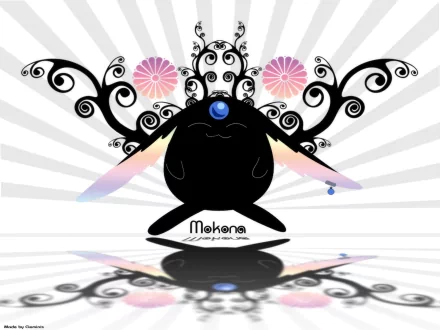 Anime xxxHOLiC HD PC desktop wallpaper/background: stylized black Mokona with blue gem, ornate swirling antlers, pink flowers, rainbow eye beams and mirrored glossy reflection.