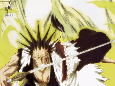 HD PC desktop wallpaper featuring Kenpachi Zaraki from the anime Bleach, showcasing his fierce expression and iconic spiked hair in a dynamic action pose.