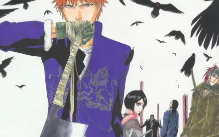 An HD desktop wallpaper featuring characters from the anime Bleach, including Kenpachi Zaraki, Byakuya Kuchiki, Rukia Kuchiki, Renji Abarai, and Ichigo Kurosaki, set against a dramatic background.