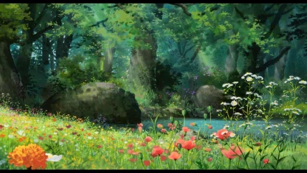 A vibrant, HD desktop wallpaper featuring a lush, green landscape from the anime The Secret World of Arrietty, showcasing colorful flowers and serene water elements.
