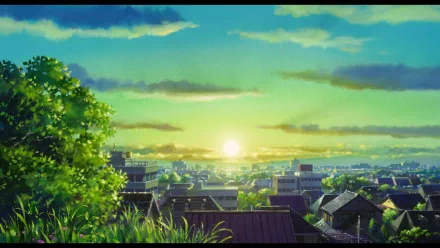 HD PC desktop wallpaper from the anime The Secret World of Arrietty, depicting a vibrant sunrise over a detailed urban landscape with lush greenery in the foreground.