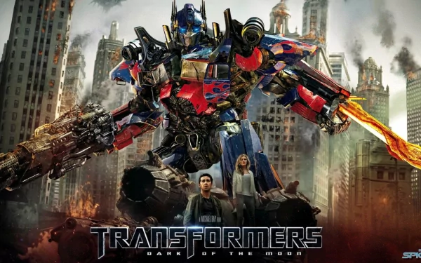 HD PC desktop wallpaper from the movie Transformers: Dark of the Moon featuring Optimus Prime standing boldly amid a ruined cityscape.