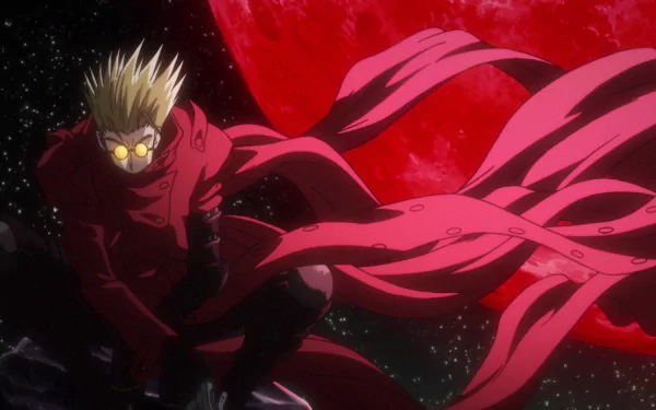 A dramatic scene from the anime Trigun, featuring a character in a flowing red cloak against a backdrop of a vibrant, red moon and starry sky. Ideal HD desktop wallpaper.