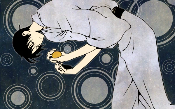 Anime xxxHOLiC HD PC desktop wallpaper: a pale-kimonoed figure reclines, cradling a small orange object against a textured, circular-patterned blue-gray background.
