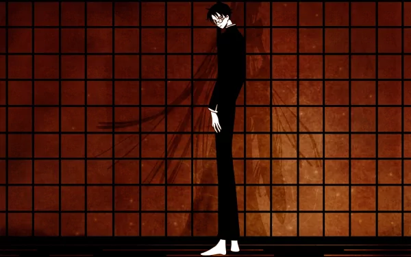 Anime xxxHOLiC HD PC desktop wallpaper: tall, slender black-clad figure with pale hands and feet stands before a red shoji-style grid wall, shadowy tendrils trailing behind.