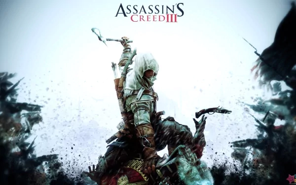 Dynamic HD wallpaper featuring Connor from Assassin’s Creed III, showcasing intense action and artistry within the iconic video game series.