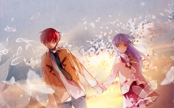 HD anime desktop wallpaper featuring Yuzuru Otonashi and Kanade Tachibana from Angel Beats!, holding hands against a bright, ethereal background with soft petals.