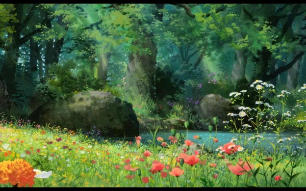 A vibrant, HD desktop wallpaper featuring a lush, green landscape from the anime The Secret World of Arrietty, showcasing colorful flowers and serene water elements.