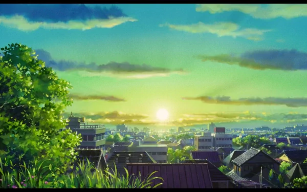 HD PC desktop wallpaper from the anime The Secret World of Arrietty, depicting a vibrant sunrise over a detailed urban landscape with lush greenery in the foreground.