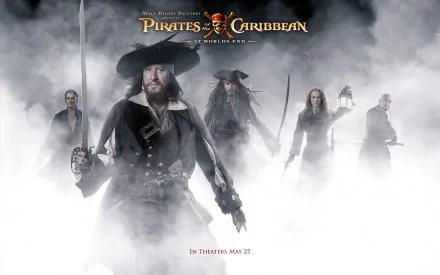 HD desktop wallpaper of Pirates of the Caribbean: At World's End featuring characters played by Geoffrey Rush, Johnny Depp, Keira Knightley, Orlando Bloom, and Chow Yun-Fat in a foggy, dramatic setting.