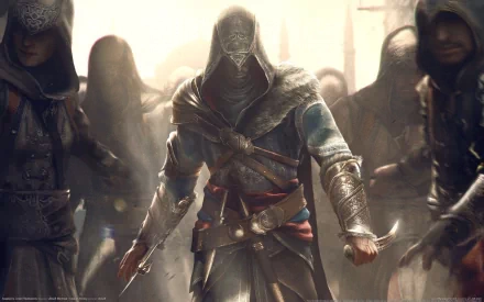 Ezio from Assassin's Creed: Revelations stands prominently in the foreground, surrounded by fellow assassins, showcasing the game's striking HD art style and intense atmosphere.