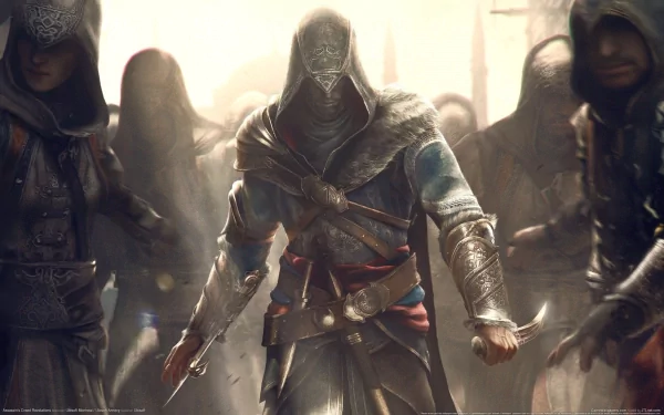 Ezio from Assassin's Creed: Revelations stands prominently in the foreground, surrounded by fellow assassins, showcasing the game's striking HD art style and intense atmosphere.