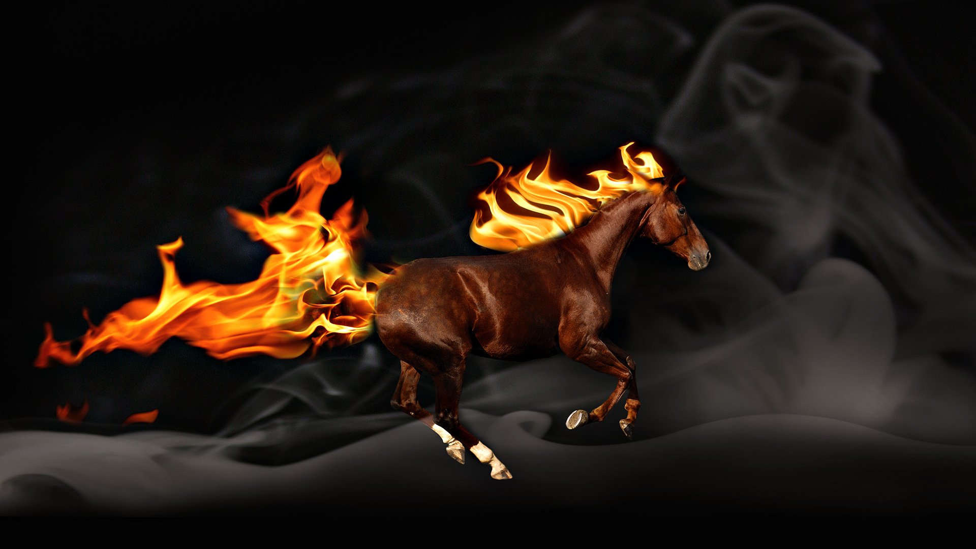 Animal, artistic HD PC desktop wallpaper and background: a fiery horse with blazing mane and tail gallops across a smoky black backdrop.