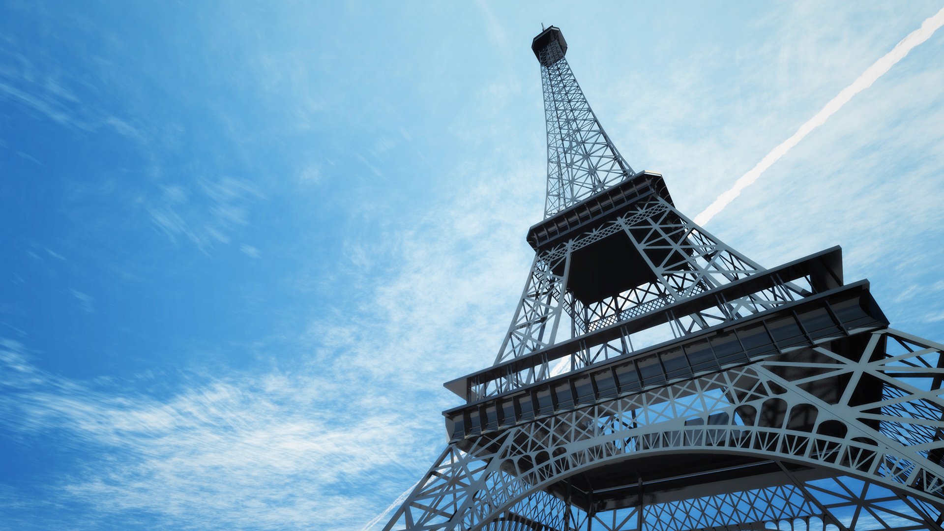 A stunning HD wallpaper featuring the Eiffel Tower, captured from a low angle against a bright blue sky, showcasing its iconic structure and intricate details.