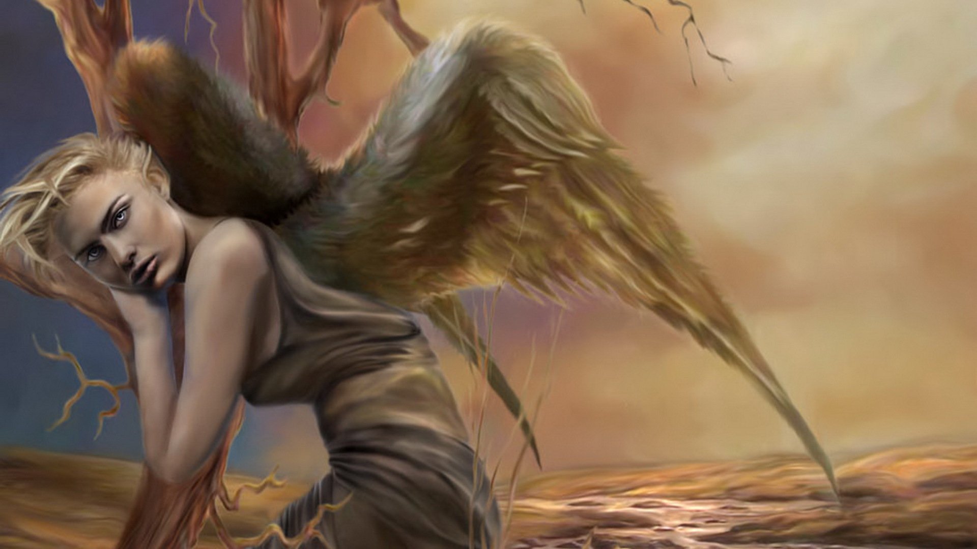 HD PC desktop wallpaper and background: a fantasy angel with golden wings leaning against a tree at sunset, gazing over a windswept rocky shoreline.