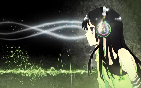 HD PC wallpaper featuring Mio Akiyama from the anime K-ON!, wearing headphones with glowing sound waves in the background.