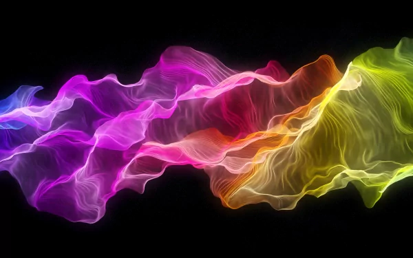 Abstract smoke waves in vivid purple, pink, orange and yellow against black; 2K Quad HD PC desktop wallpaper/background.