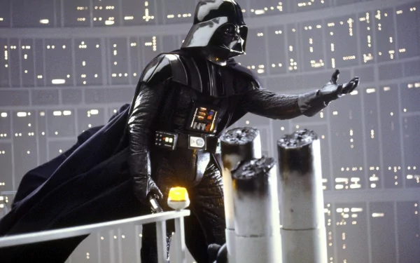 Darth Vader from Star Wars stands menacingly, showcasing his iconic armor and lightsaber, set against the backdrop of the Death Star in Star Wars Episode V: The Empire Strikes Back.