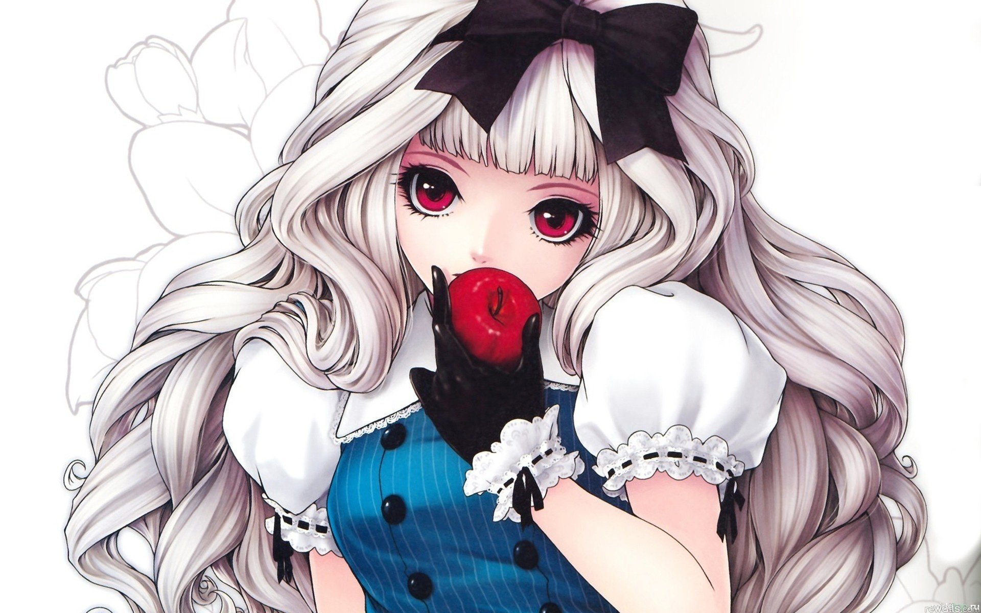 A charming anime girl with long, wavy hair holds a red apple, wearing a blue dress with white accents and a black bow. The HD image is a vibrant desktop wallpaper showcasing her allure.