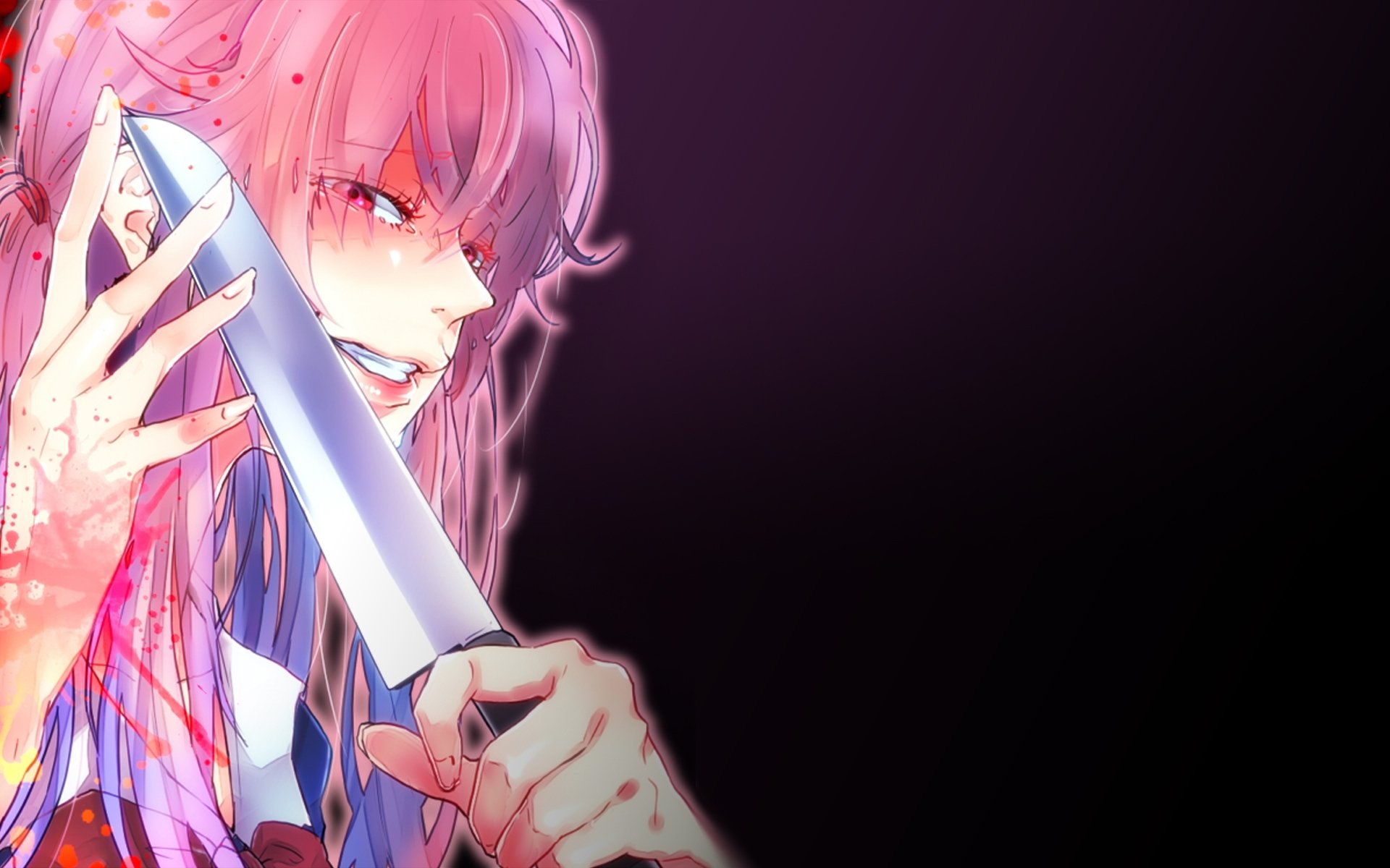 Yuno Gasai from the anime Mirai Nikki grips a knife with a fierce expression, set against a dark background. This HD wallpaper captures her intense character perfectly.