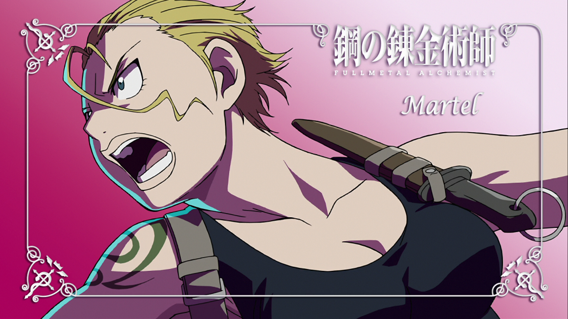 An intense scene from the anime Fullmetal Alchemist featuring a character named Martel, captured in a dynamic pose against a vibrant pink background.
