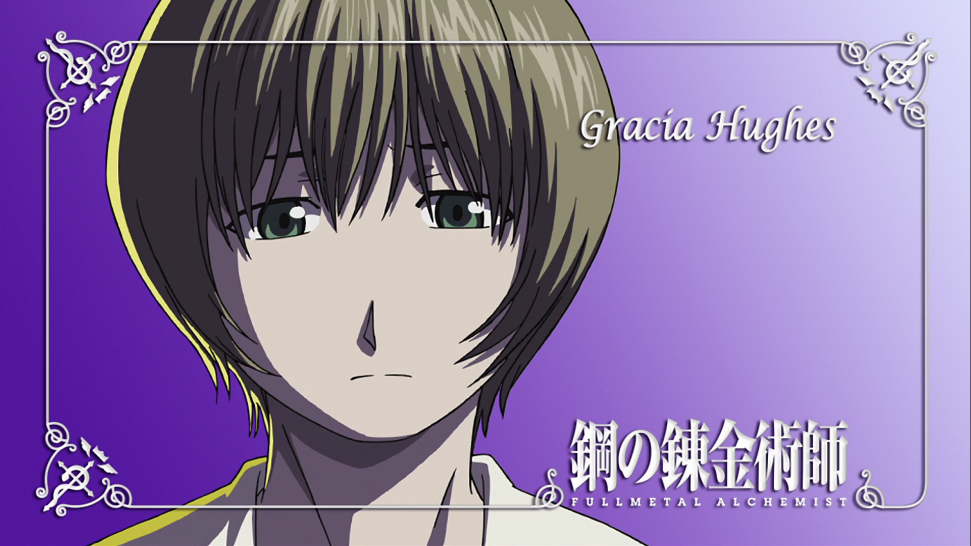 HD anime desktop wallpaper featuring a close-up of a somber character from Fullmetal Alchemist against a purple gradient background with decorative corner accents.