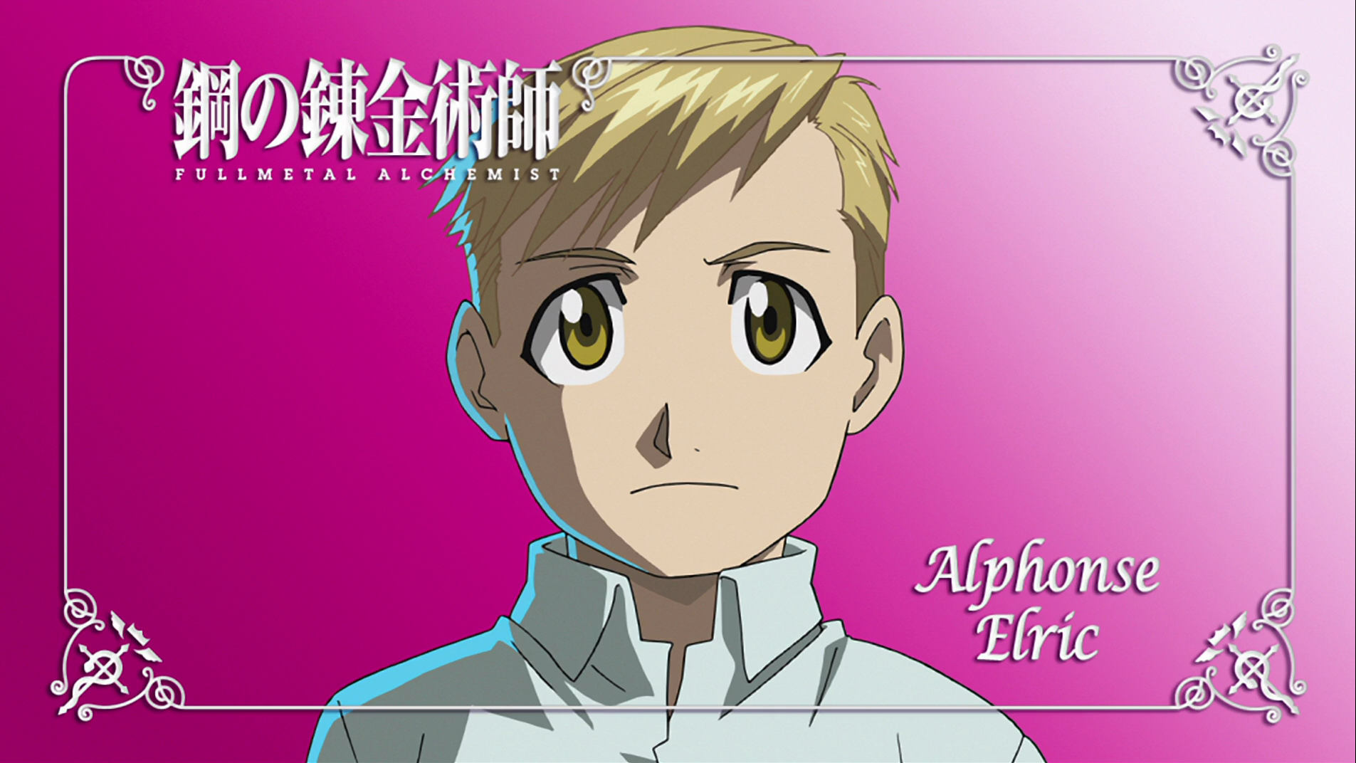 HD PC desktop wallpaper of Alphonse Elric from the anime Fullmetal Alchemist, featuring a close-up with a pink background and decorative borders.