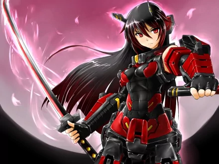 HD PC desktop wallpaper of a red-and-black armored female mecha warrior from the video game Cosmic Break, wielding a glowing katana before a pink moon.