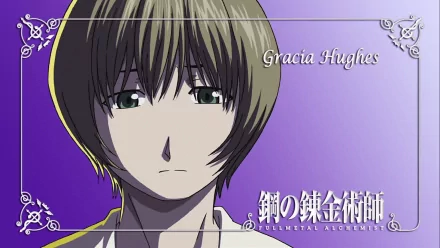 HD anime desktop wallpaper featuring a close-up of a somber character from Fullmetal Alchemist against a purple gradient background with decorative corner accents.