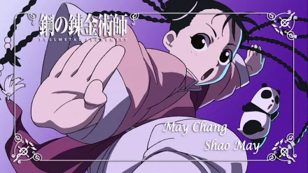 Anime wallpaper featuring May Chang (Shao May) from Fullmetal Alchemist, showcasing her dynamic pose and a playful panda companion against a vibrant purple background.