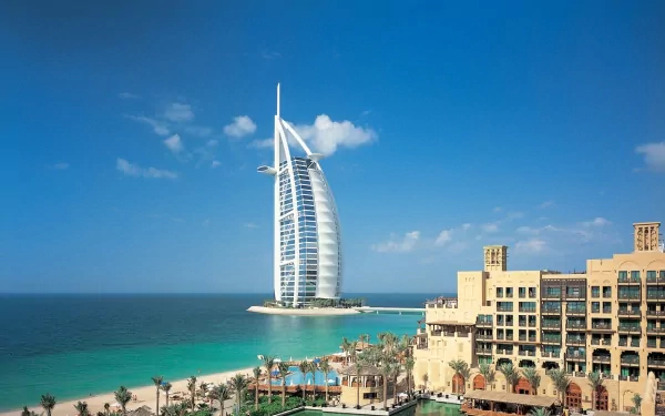 palm tree beach United Arab Emirates sea sky Burj Al Arab Dubai man made building HD Desktop Wallpaper | Background Image