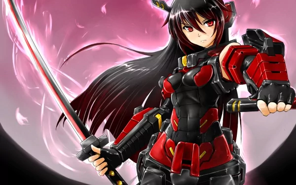HD PC desktop wallpaper of a red-and-black armored female mecha warrior from the video game Cosmic Break, wielding a glowing katana before a pink moon.