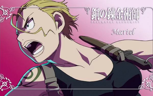 An intense scene from the anime Fullmetal Alchemist featuring a character named Martel, captured in a dynamic pose against a vibrant pink background.