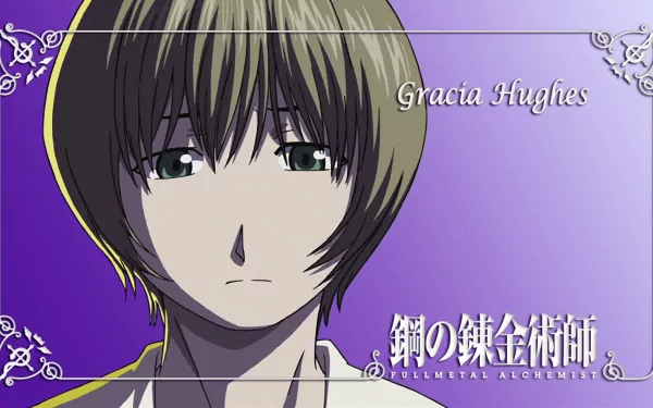 HD anime desktop wallpaper featuring a close-up of a somber character from Fullmetal Alchemist against a purple gradient background with decorative corner accents.