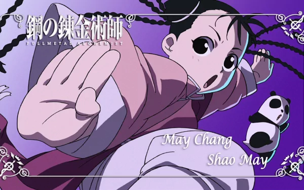 Anime wallpaper featuring May Chang (Shao May) from Fullmetal Alchemist, showcasing her dynamic pose and a playful panda companion against a vibrant purple background.